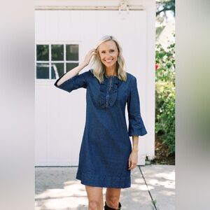 Draper James Chambray Ruffle 100% Cotton Shift Dress Deep Indigo